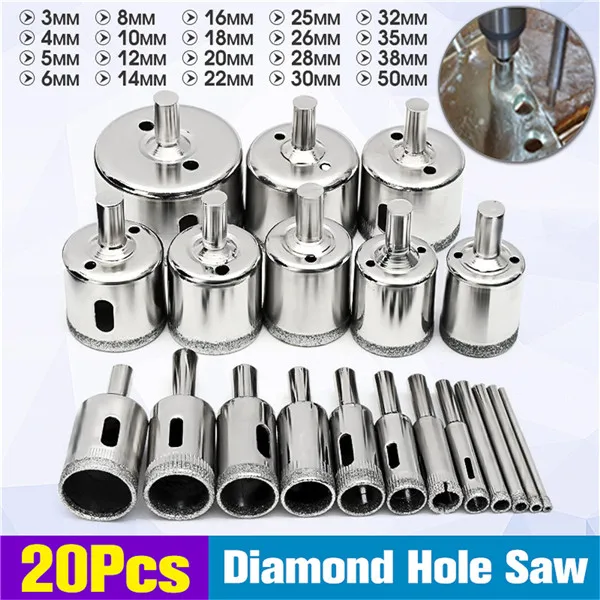 Doersupp 20Pcs 3 50mm Diamond Drill Bits Set Hole Saw Cutter Tool Glass Marble Granite Top