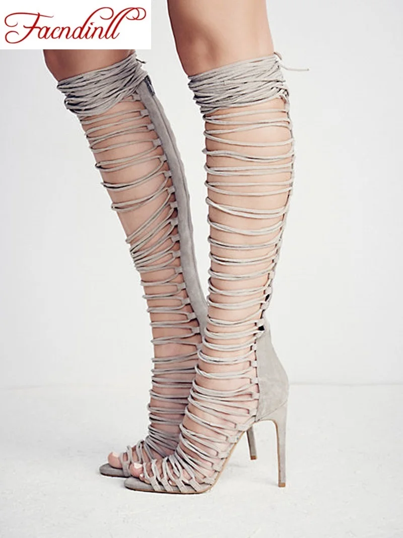 

FACNDINLL summer genuine leather women gladiator sandals sexy high heel peep toe knee high summer boots for women big size 34-43