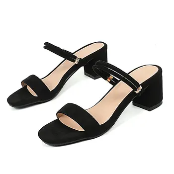 

B2-9 Size 33-43 Woman Concise Flock Sandals Women Narrow Bands Flip Flip Lady Fashion Summer Dress Shoes Female Thick Heels Shoe