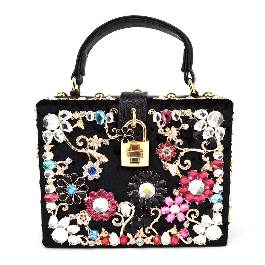 

black Crystal Flowers Velvet Clutches Party Purse Women Shoulder Bag Luxury Diamond Evening Bags Ballot Lock Handbag Clutch bag