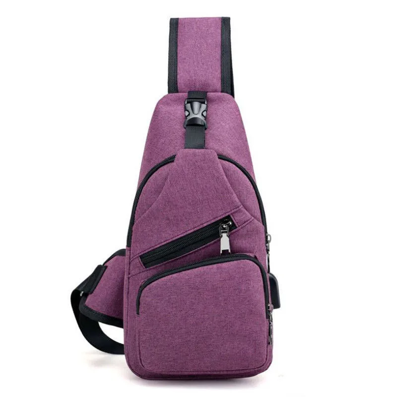Мужская парусиновая креативная USB зарядка порт Противоугонная нагрудная сумка дорожные сумки рюкзак сумка через плечо - Цвет: Фиолетовый