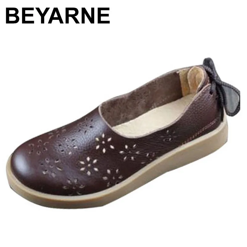 

BEYARNE Women Shoes Flat Hollow Out Breathable Summer Shoes 100% Authentic Leather Round toe Slip On Flats Female Footwear