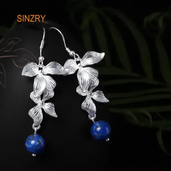 

Sinzry NEW 925 sterling Silver Vintage orchid flower drop Earrings creative natural lapis earrings fine jewelry for women gift