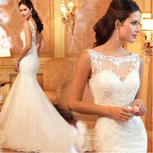 Высокое качество белое свадебное платье русалки Высококачественная кружевная невеста, свадебное платье на пуговицах со шлейфом Vestido De Noiva на заказ