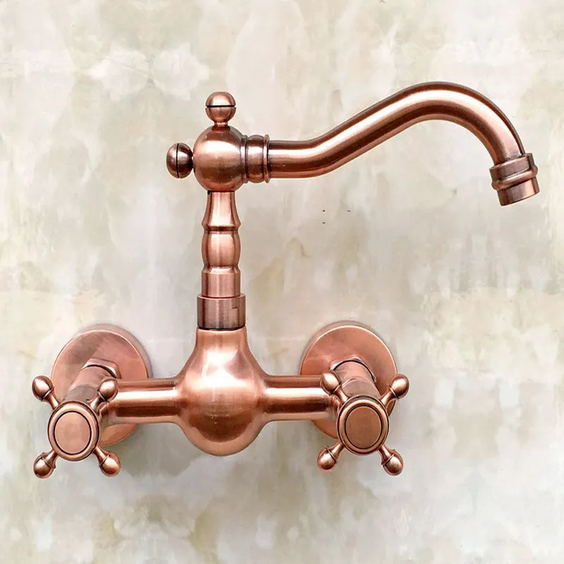 Antique Red Copper Two Cross handles Wall Mounted Kitchen Bathroom Vessel Sink Swivel Spout Faucet Water Tap arg030