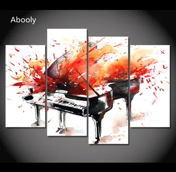 

4 Piece Canvas Art Abstract Red Piano Painting Wall Pictures for Living Room Framed Modular On The Wall Home Decor