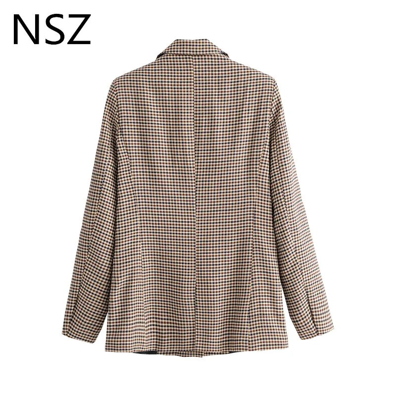 NSZ Women Elegant Plaid Blazer Suit Long Sleeve Double Breasted Slim Checked Coat Formal Office Work Jacket Houndstoot Outerwear