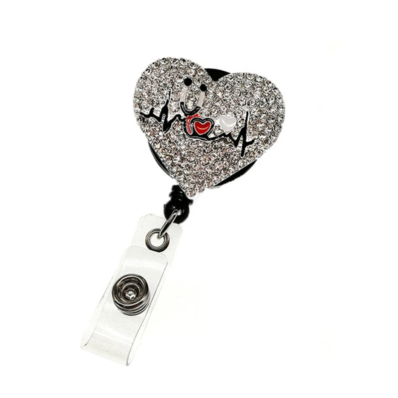 

10pcs/lot free shipping hot selling Nurse Stethoscope Medical Rhinestone heart shape ID badge Holder Reel clip