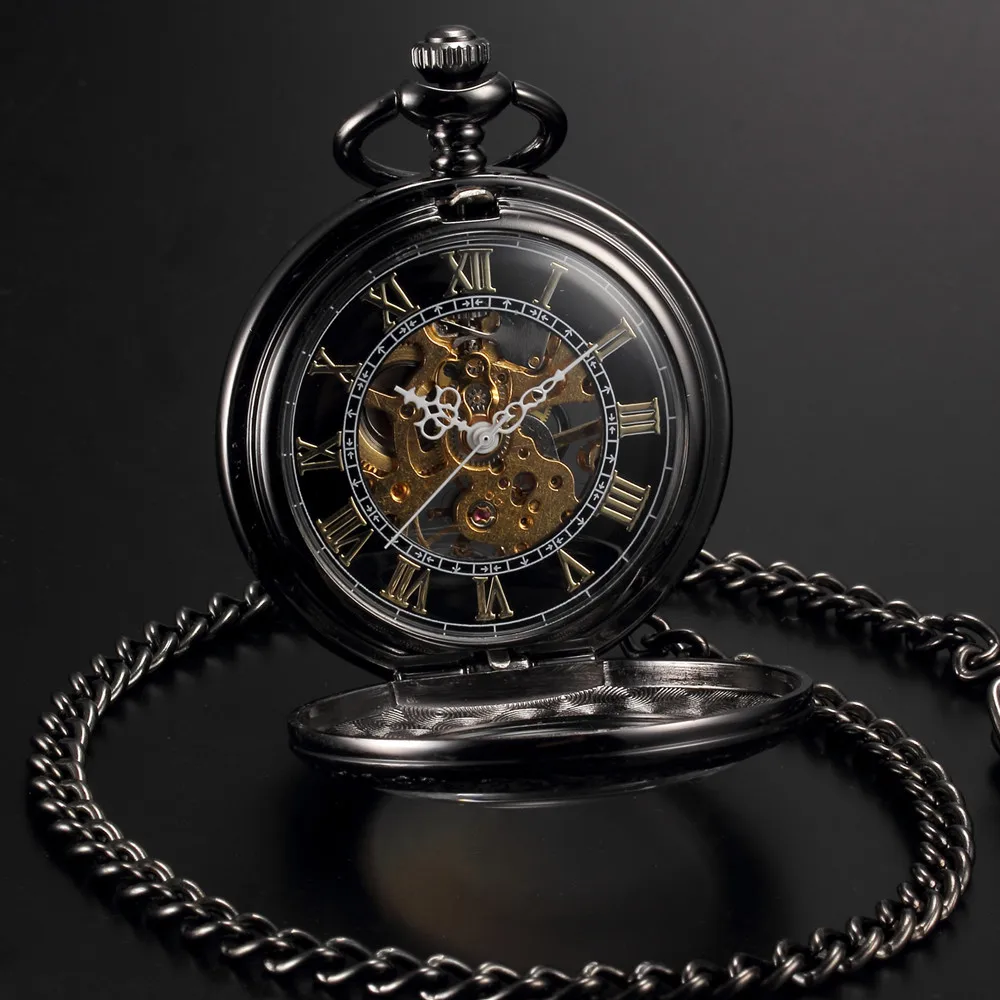 Men Women Steampunk Skeleton font b Mechanical b font Black Gold Open Face Retro Pendant Pocket