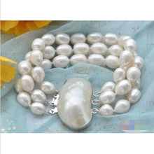 P3768 3row " 12 мм белый рис пресноводные культивированный жемчуг браслет благородный стиль естественно прекрасно jewe быстрая