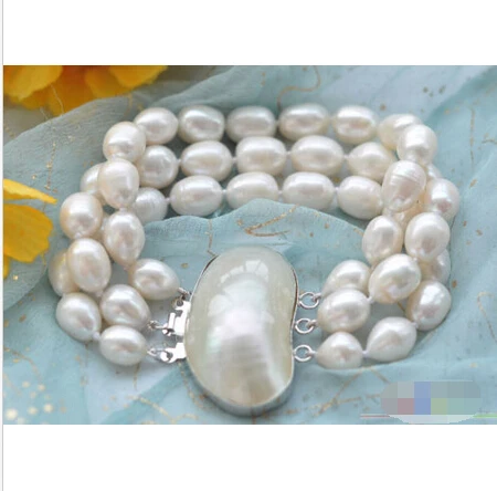 

P3768 3row 8" 12mm rice white Freshwater cultured pearl bracelet Noble style Natural Fine jewe Fast SHIPPING