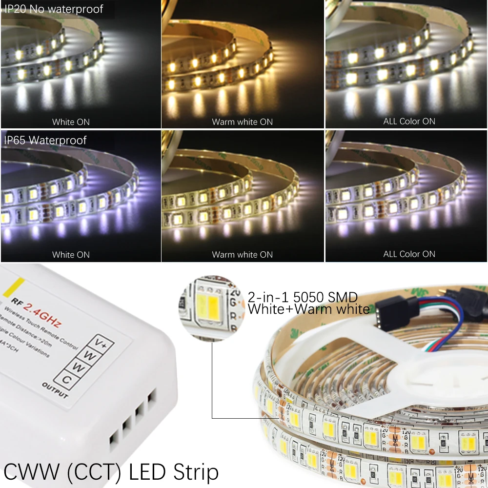 Светодиодная лента 5050 комплект 2 в 1 белая+ теплая белая светодиодная лента светильник 5050 CWW с 2,4G RF CCT контроллер, 12V питание штепсельная вилка европейского стандарта