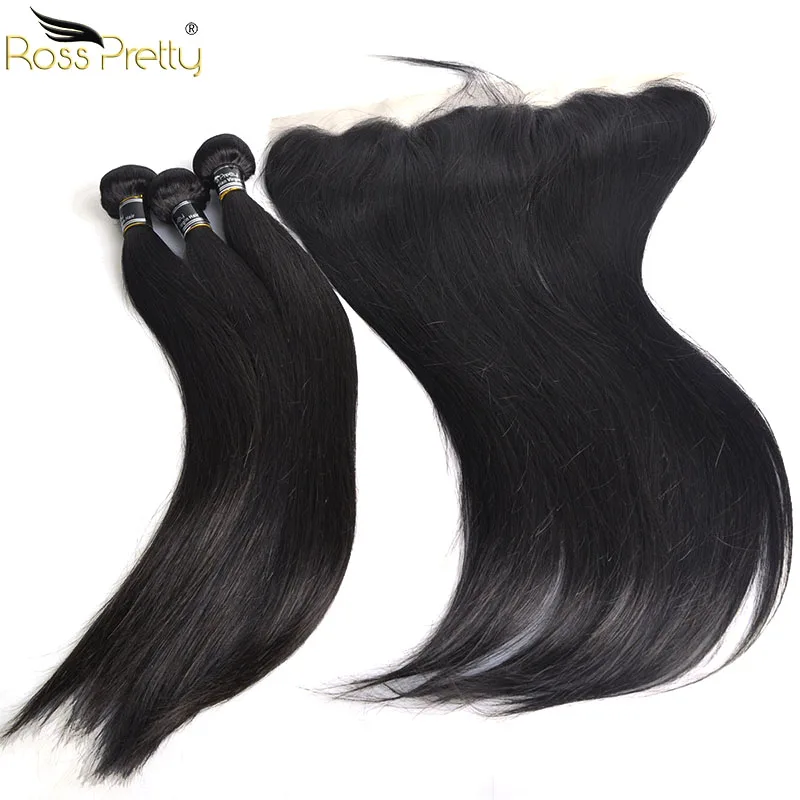 Ross Pretty Remy Peruvian Straight Hair bundles with frontal Baby Hair and Pre Plucked Human Hair 13x4 Lace Frontal with Bundles