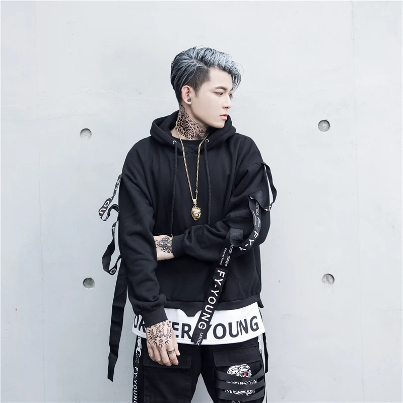 

Men ribbons patchwork fake two piece camouflage hip hop hoodie streetwear nightclub DJ punk rock hoodies harajuku sweatshirt