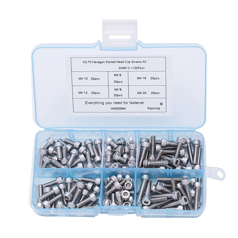 120Pcs/set DIN912 M4 304 Stainless Steel Hexagon Socket Head Cap Screws Furniture Hex Bolts Assortment Kit HW003 120Pcs/set DIN912 M4 304 Stainless Steel Hexagon Socket Head Cap Screws Furniture Hex Bolts Assortment Kit HW003