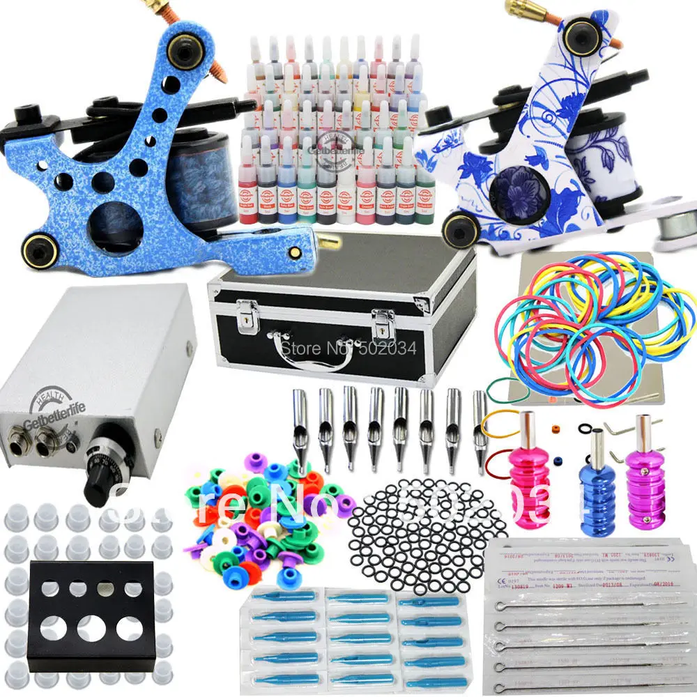 Starter Tattoo Kit 40 Inks 2 Machine Guns Grips Needles Tips Power Set Equipment Supplies for