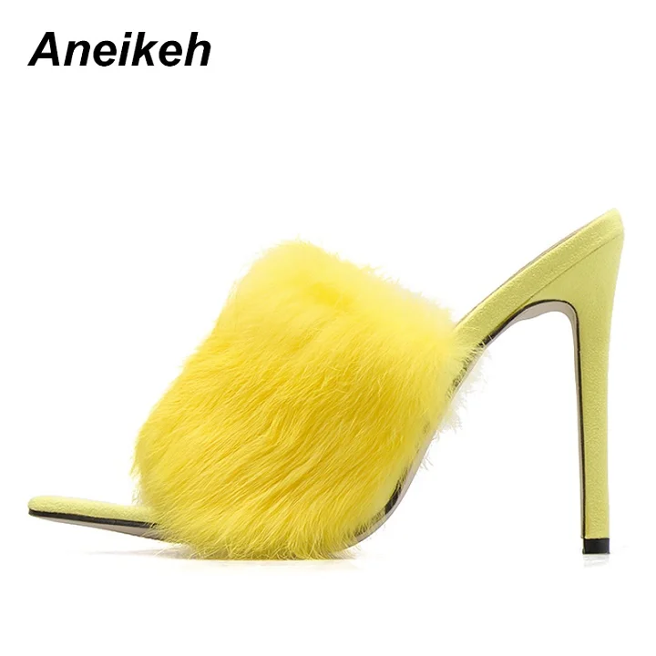 yellow Aneikeh/ г. Новые Модные женские сандалии-гладиаторы из PU искусственной кожи с открытым носком на высоком каблуке, плюшевые женские тапочки на тонком каблуке, обувь, Size35-40 - Цвет: yellow