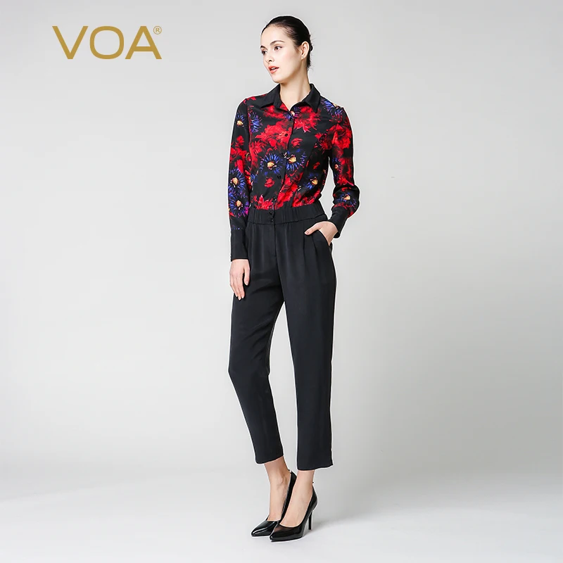 

VOA Silk Jumpsuit combinaison femme enteritos largos de mujer Elegant Jumpsuits Harem Pants Long Sleeve Ladies Streetwear K6360