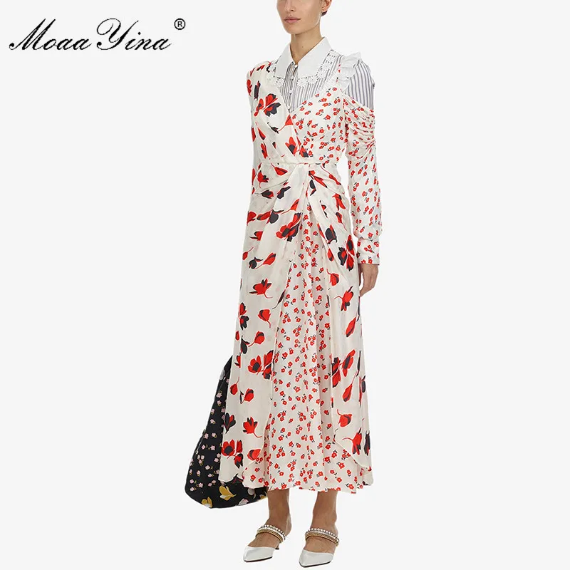 MoaaYina Fashion Designer Runway dress Spring Autumn Women Dress Long sleeve One shoulder Elegant Party Floral-Print Dresses