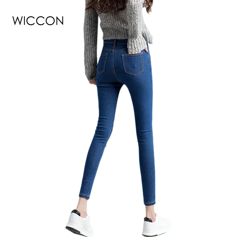 Женские джинсы с дырками на колене, узкие женские джинсы для девочек, Стрейчевые узкие джинсы с высокой талией, женские штаны, женские брюки, WICCON
