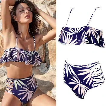 

Women's High Waisted Bikini Set 2018 New Lotus Leaf Push Up Bandage Swimsuit Bathing Suit Swimwear Brazilian Beach Wear Biquni