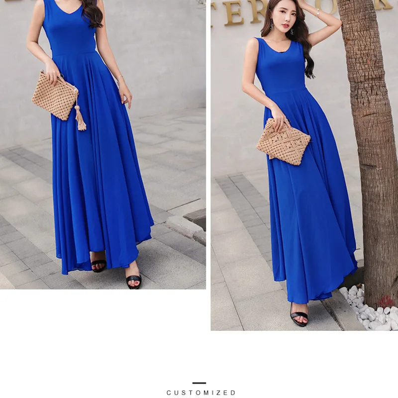 2019 New Summer Beach Dress Women's Fashion Sleeveless V-Beck Red Blue Long Dress Elegant Robes Women's Plus Size 5XL (9)