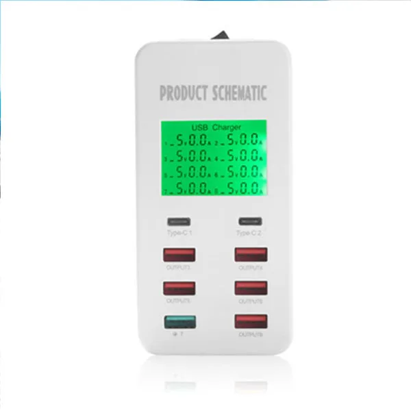 

USB Charger 8-Port Smart Charger QC3.0 Chip Charging Type-c Interface with LCD Display European regulations