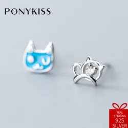 PONYKISS Романтический S925 стерлингового серебра милый кот серьги Для женщин предотвратить аллергия Fine Jewelry аксессуары День рождения подарок