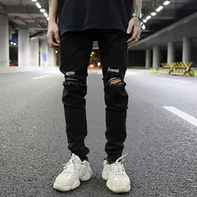 Новые брюки для девочек с вышивкой рваные колени, джинсы с потертостями для Для мужчин хип хоп скинни байкерские уничтожены тесьмой в дырочку зауженные искусственно состаренные джинсы черные джинсовые штаны