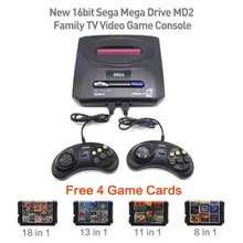 New 16bit Sega Mega Drive MD2 Free 4 Game Cards Family TV Video Game Console Player Retro Video Game Console with 2 Controllers