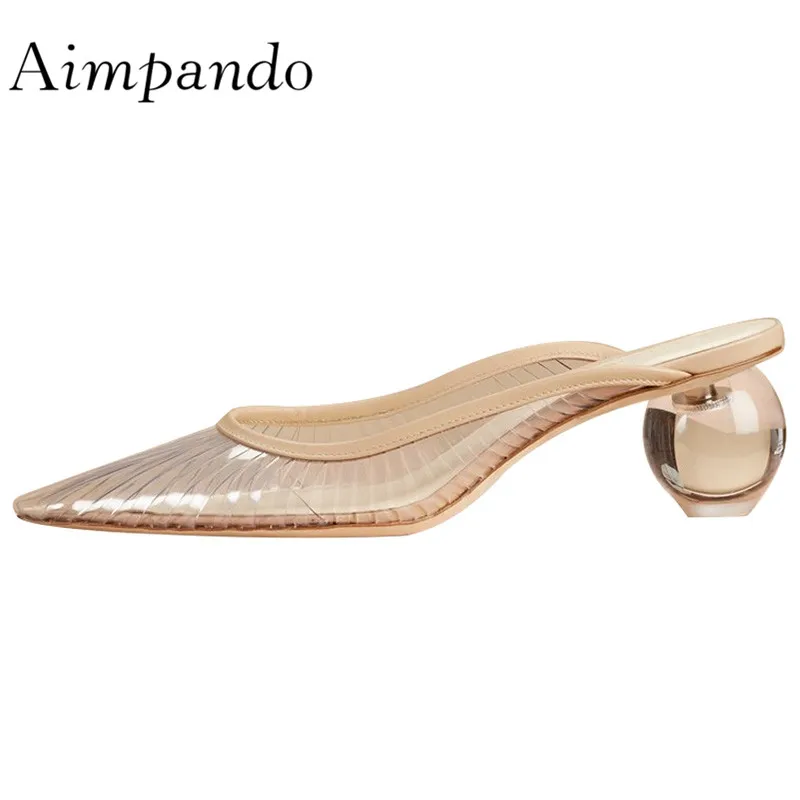 

2019 Crystal Ball Heel Slipper Woman Pointed Toe Pvc Transparent Strange Heel Shoes Women Sexy Sandals
