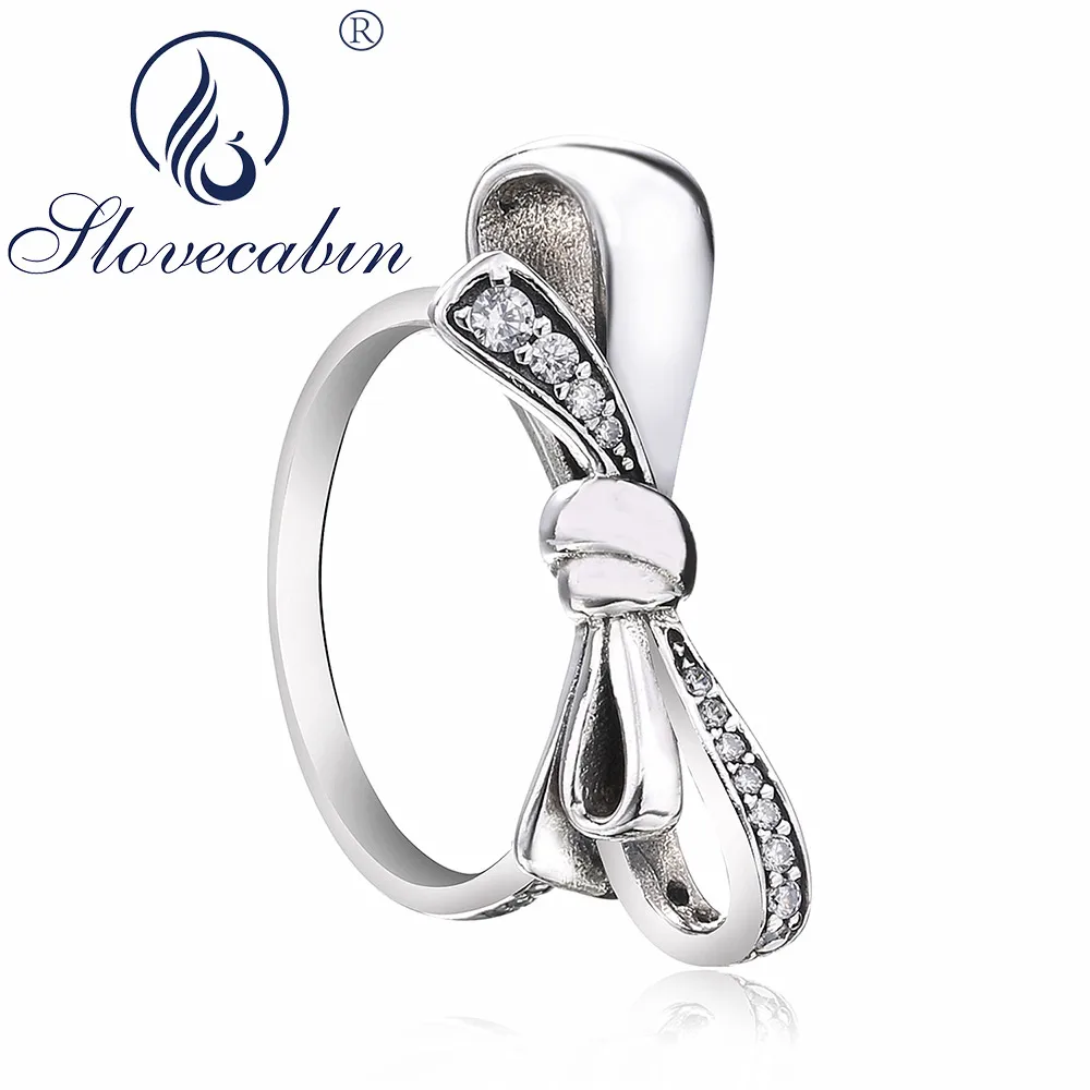 

Slovecabin Real 925 Sterling Silver Brilliant Bow CZ Wedding Rings For Female Vintage Finger Women Rings Bijoux Femme Jewelry