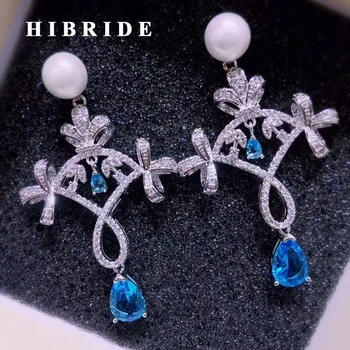 

HIBRIDE Elegant Flower Pendant Drop Earring Blue And Green Cubic Zircon Earring For Party Gifts E-525