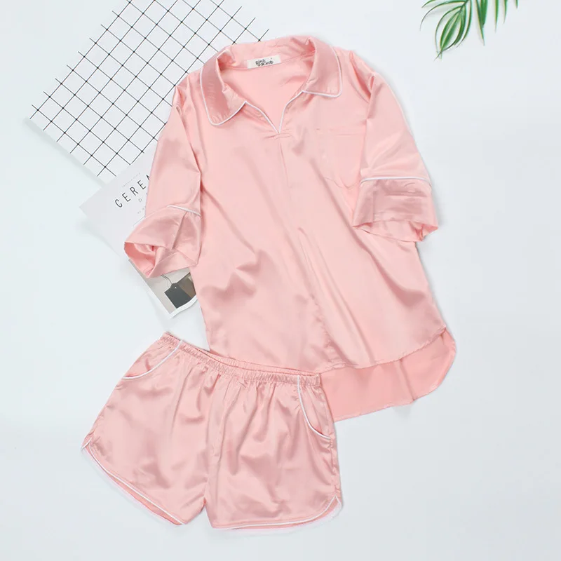 

Summer Faux Silk Short Sleeve Sleepwear Solid Pajamas Sexy Turn-down Collar Pajama Shorts Pyjamas Loungewear Pijama Two Suits