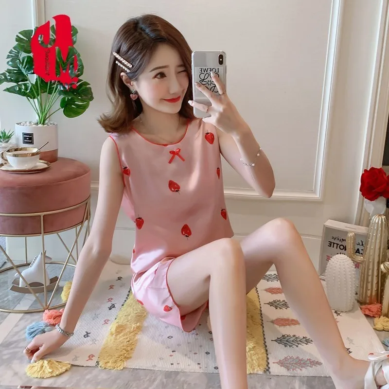

Summer Pyjamas Sleeveless Silk Pajamas Set Two Pieces Set Women Sleepwear Sexy Nightwear For Women Pijama Sleep Set M L XL XXL