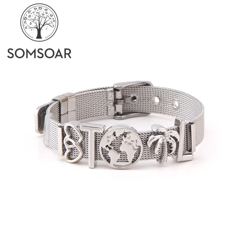 

Somsoar Jewelry Silver Travel Round the World Charm Bracelet Set Mixed 10 design Map Mesh Bracelet set for Christmas Gift