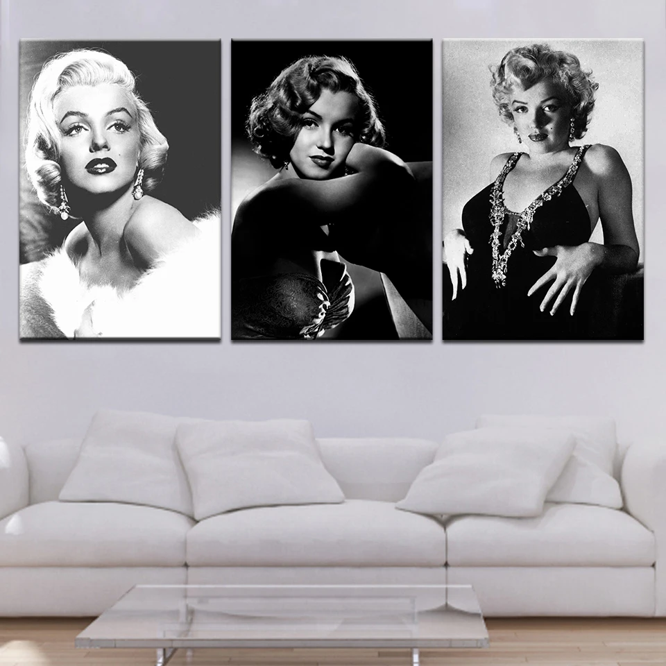 

3 Panels Marilyn Monroe Nordic Poster Wall Art Canvas Painting Black White Posters And Prints Wall Picture For Living Room Decor