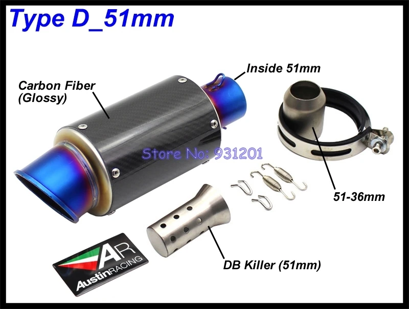 Inlet 51mm 61mm Motorcycle Exhaust Pipe Muffler AR Austin Racing Universal Carbon Fiber Motorbike Muffler Exhaust DB Killler