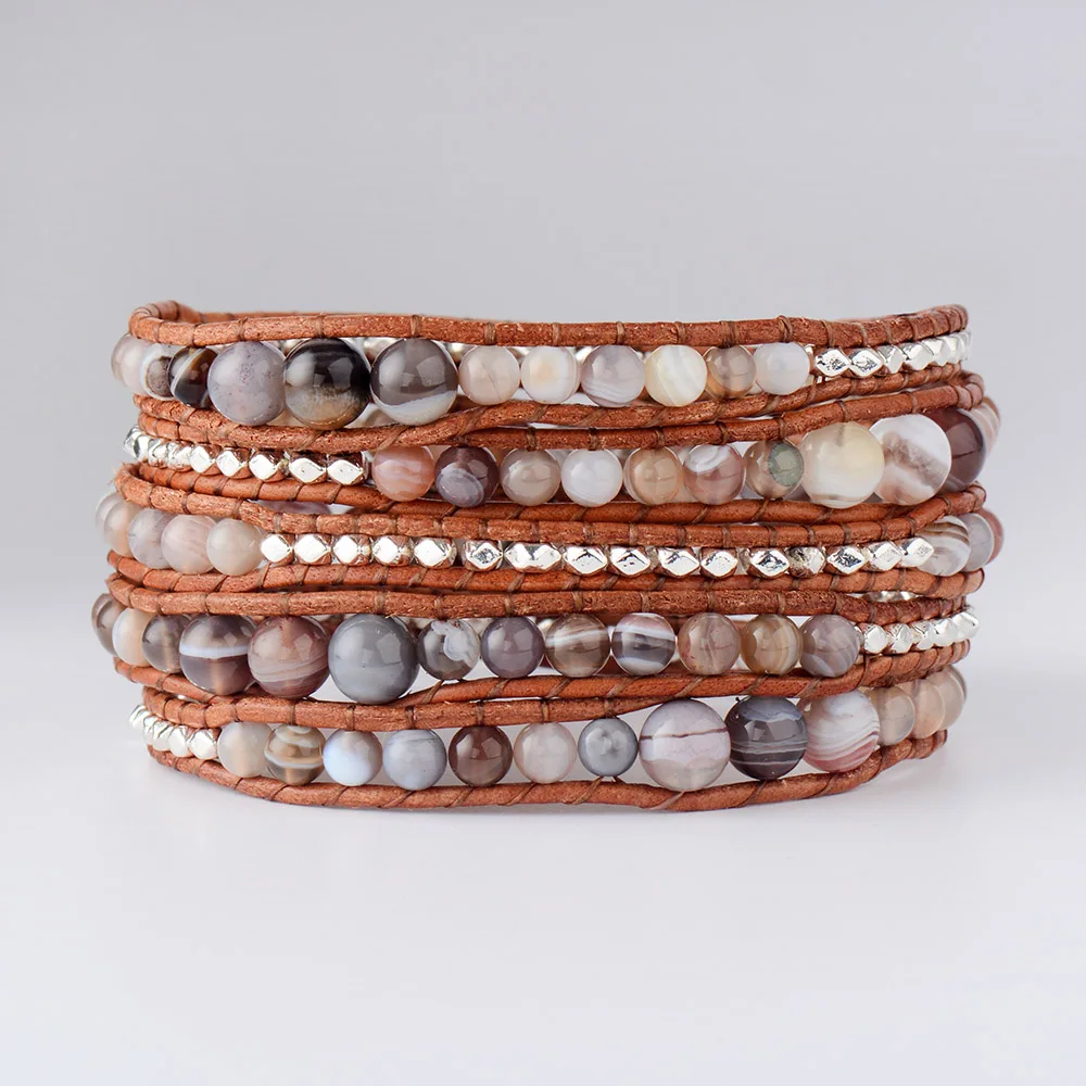 

Botswana Bracelet Natural Stone Silver Plated Beads 5 Strands Leather Rope Bracelets Exclusive Bohemia Wrap Bracelet