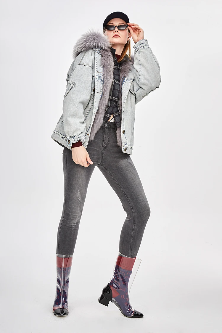JAZZEVAR Новая куртка зимняя модная уличная женская джинсовая куртка большого размера, натуральный мех, воротник, парка с меховой подкладкой, негабаритное пальто с капюшоном