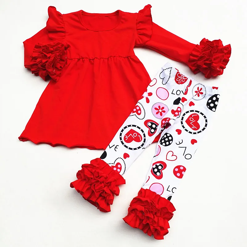 

Valentine's day baby girls Spring outfit suit red solid ruffle top love heart pants kids cotton ruffles cloth