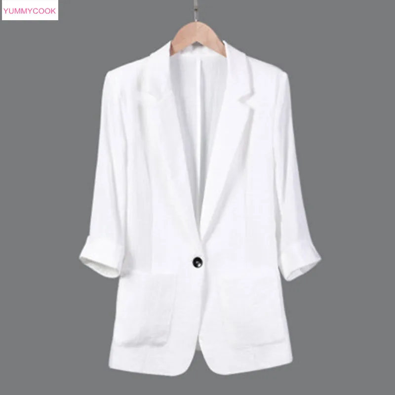 

2019 Spring new casual commuter women cotton linen suit jacket seven-point sleeve Plus size slim thin section suit coat tops 522