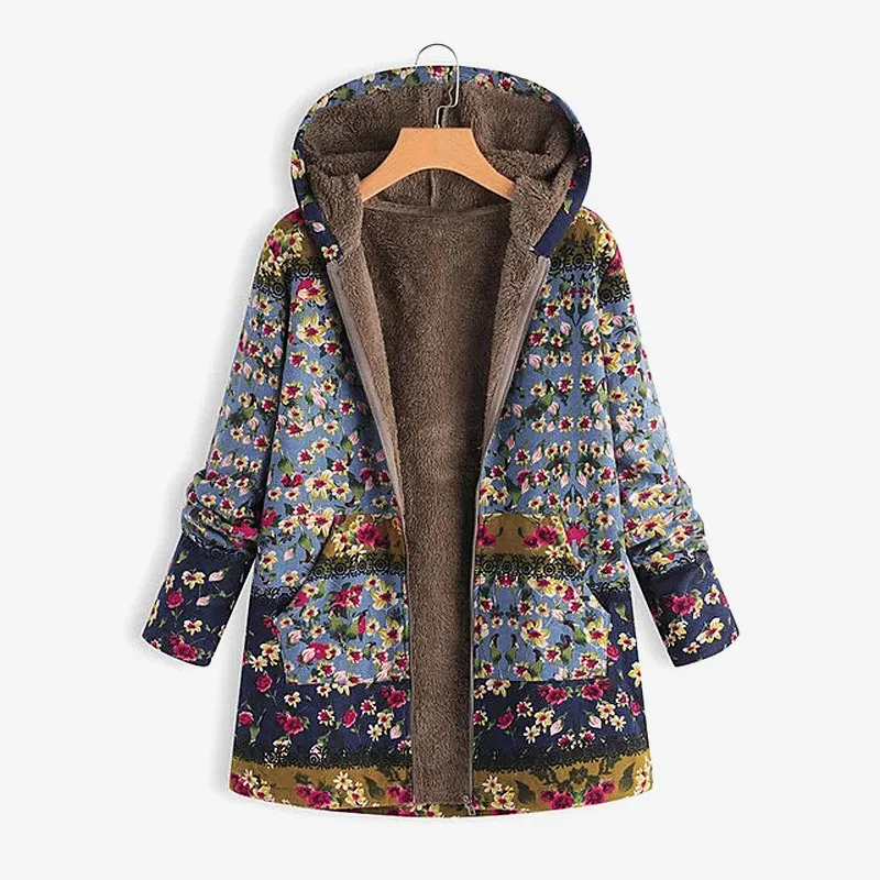 

Floral Print Women's Fleece Warm Jacket Coat Loose Vintage Streetwear Jackets Plus Size 5XL 2019 Spring Autumn Woman Outerwear
