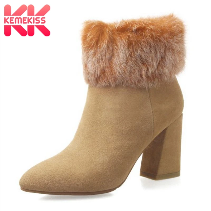 

KemeKiss Women Genuine Leather High Heel Boots Warm Fur Shoes Cold Winter Boots Half Short Botas For Women Footwears Size 33-40