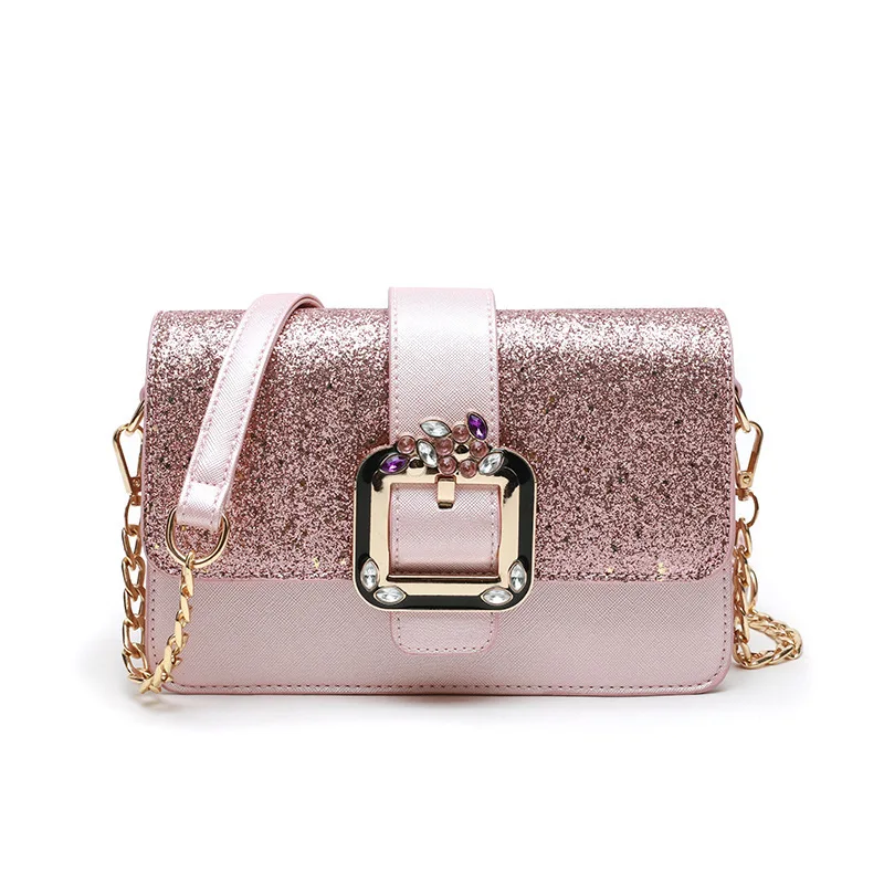 

Lock Catch Single Shoulder Bag Woman 2019 Chain Package Paillette Oblique Satchel Small Square Package B479