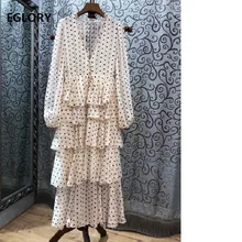 Princess V-Neck Polka Dot Print Cascading Ruffle Long Sleeve Maxi Dress
