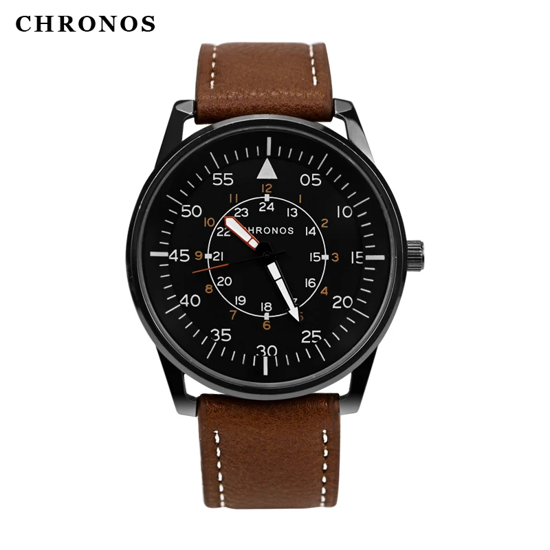 CHRONOS Men fashion business wristwatch band outdoor sports leather strap quartz military watches for men steel watch case saat