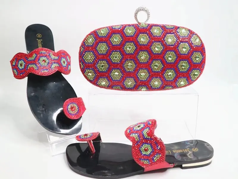 

Leisure plain heel slippers elegant red with many stones lovely nice shoes and bag matching set with free shipping SB8091-2