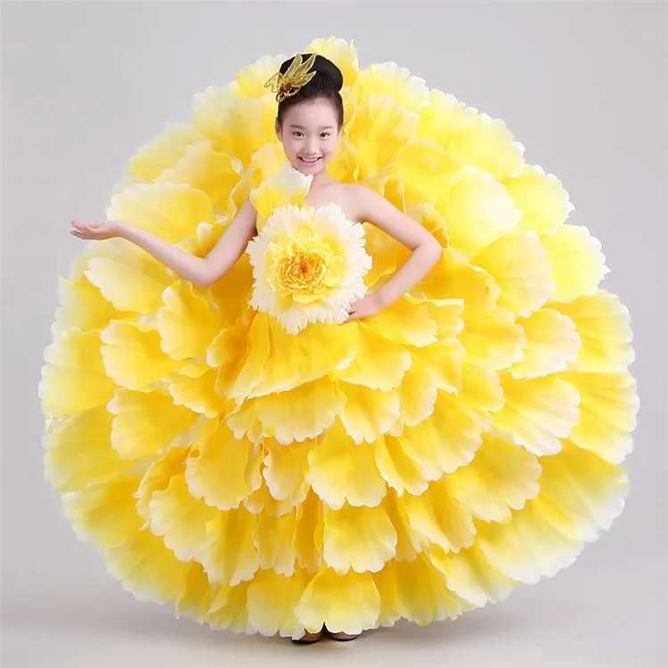 Детский танцевальный костюм, расширенная юбка, костюм, современная танцевальная одежда, юбка с лепестками, платье для испанского фламенко 540 720 - Цвет: yellow360