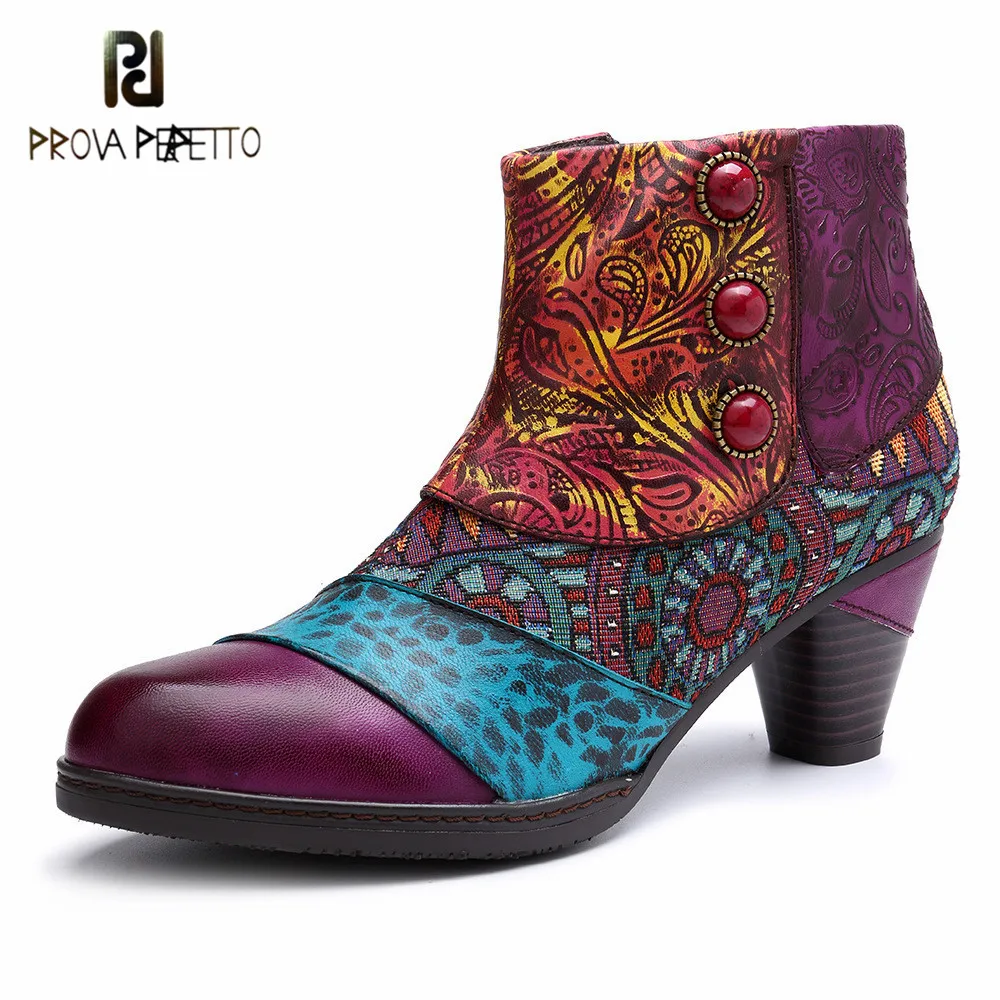 

Prova perfetto Genuine Leather Ankle Boots Women Shoes Bohemian Splicing Zip Hand-made Autumn Retro Block Mid Heels Female Boots